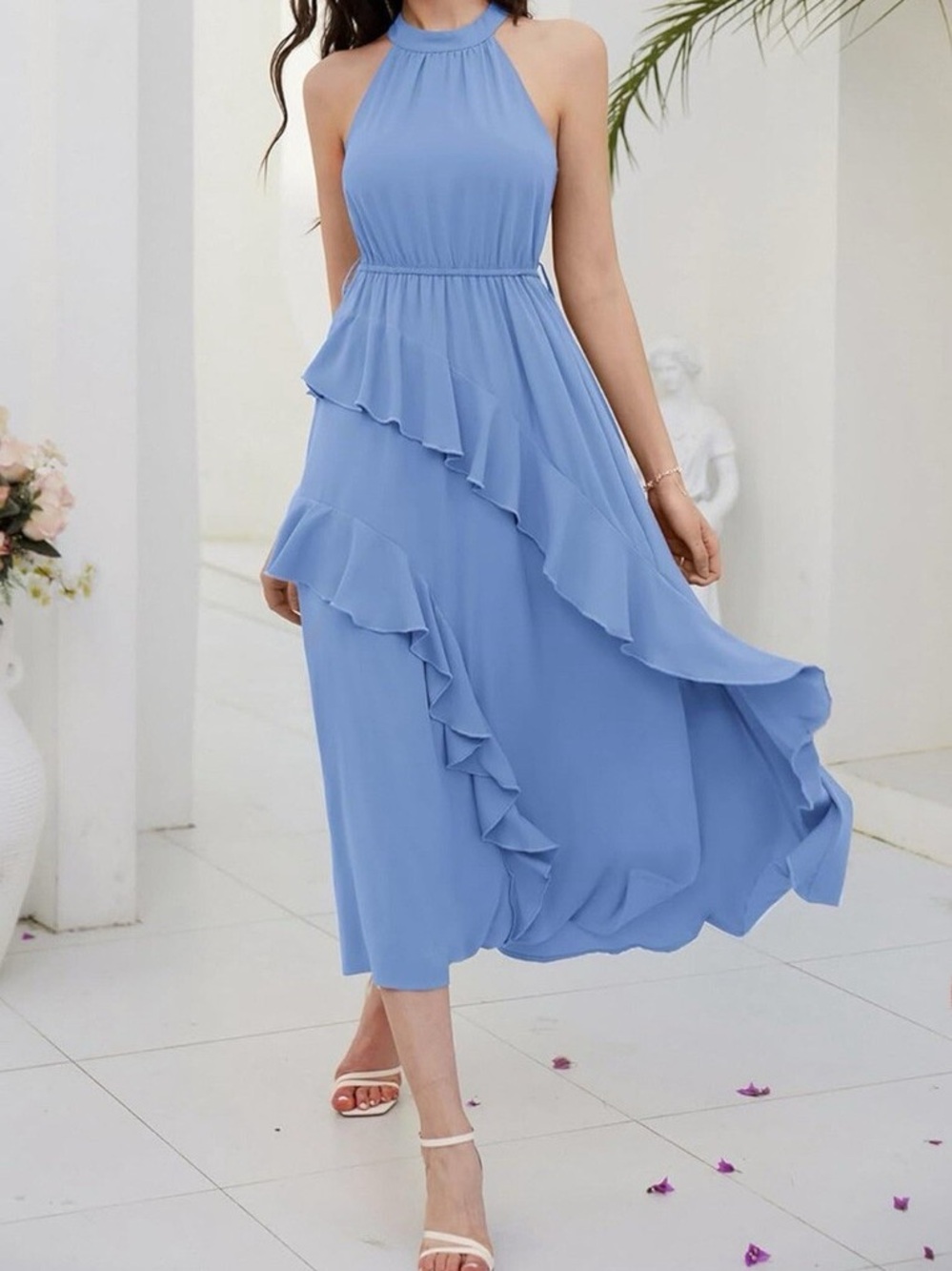 Grace Karin Light Blue Ruffle Halter Maxi Dress